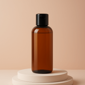 brown round bottle with black cap
